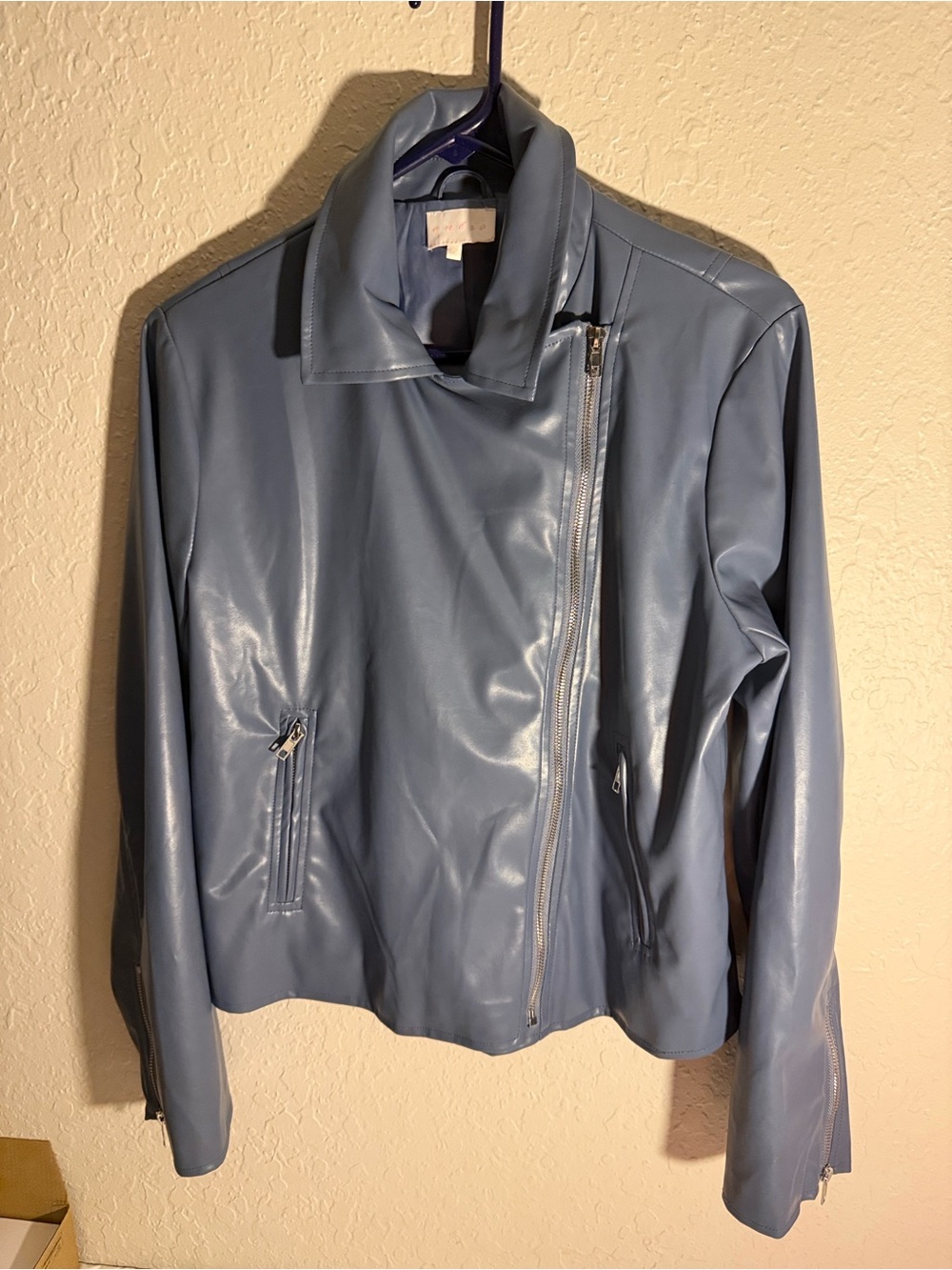 Entro Blue Faux Leather Zip Jacket Women Short Long Sleeve Pockets Large